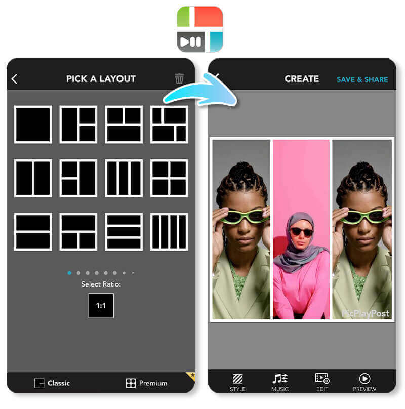 PicPlayPost Video Collage Maker with Transitions PicPlayPost - a video collage app offering dynamic transitions and multi-format support.