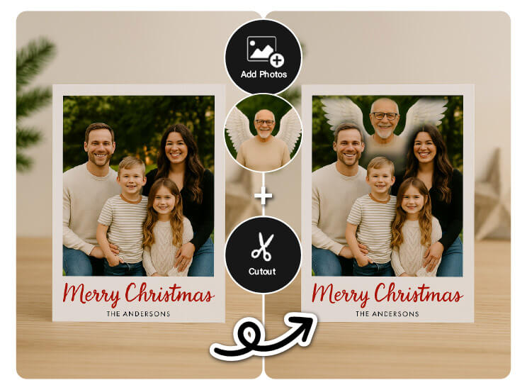 Inclua um ente querido em uma homenagem fotográfica. Cartão de Natal com uma foto de família e um ente querido falecido incluído na montagem.