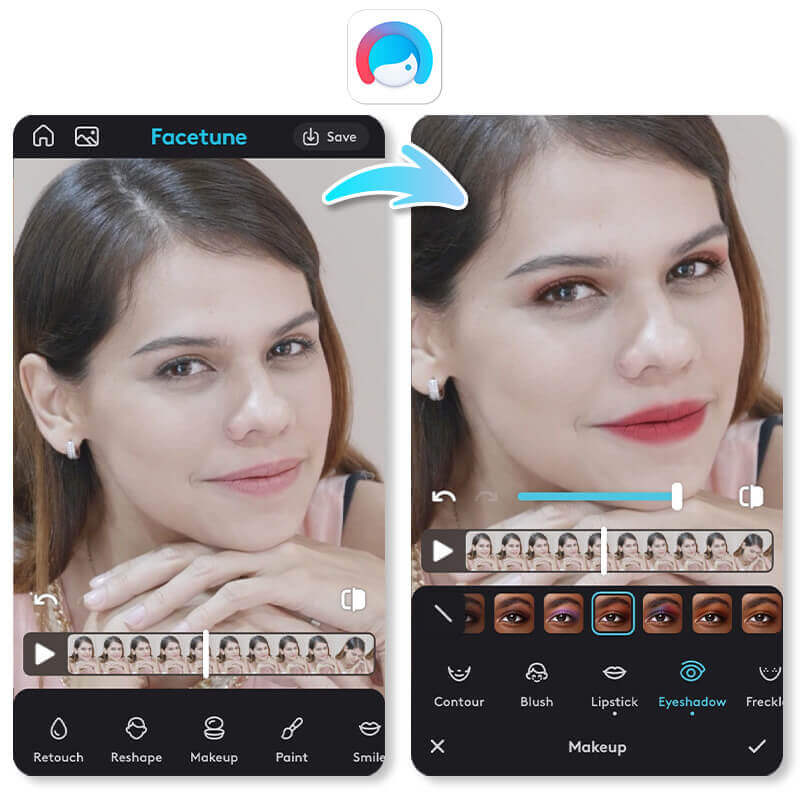 Facetune app interface showcasing video skin smoothing and blemish concealing tools for video editing