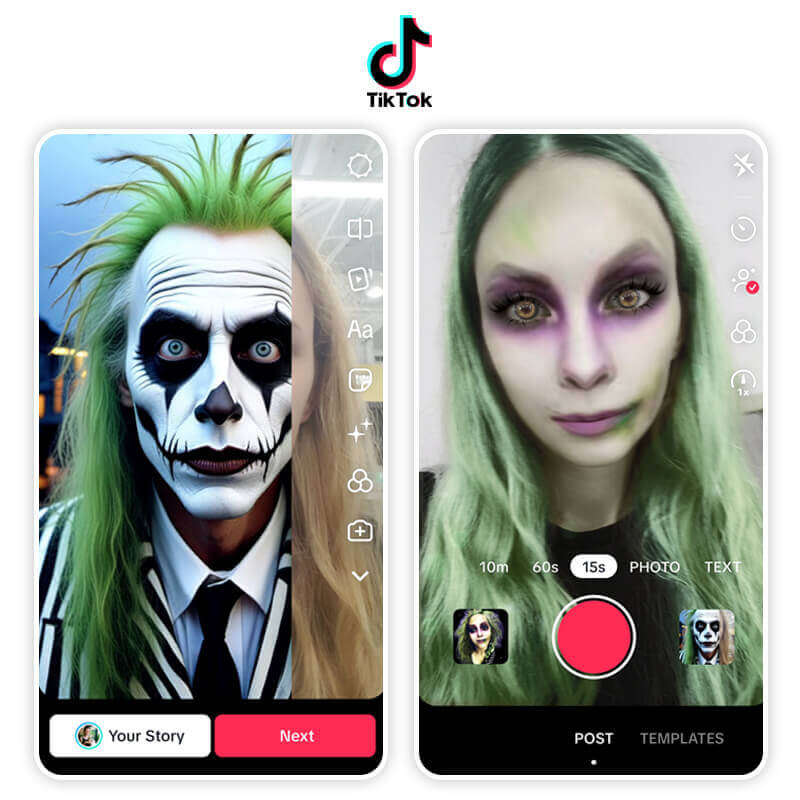 Exemplos de efeitos de Halloween no TikTok, com visuais inspirados em Beetlejuice.