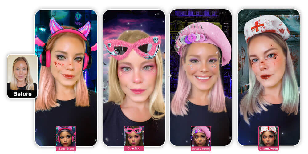 Pessoa testando filtros de maquiagem de Halloween fofos no YouCam Makeup