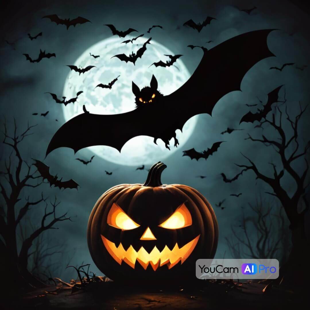 Halloween Bilder für WhatsApp Fledermäuse, die um einen leuchtenden Kürbis herumfliegen
