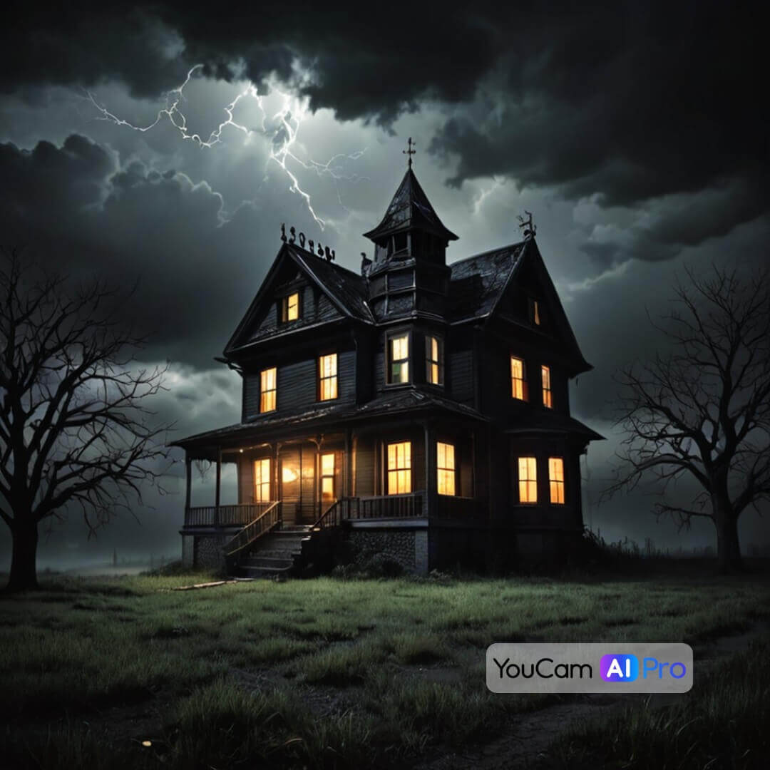 Halloween Bilder für WhatsApp Geisterhaus mit beleuchteten Fenstern in einer stürmischen Nacht