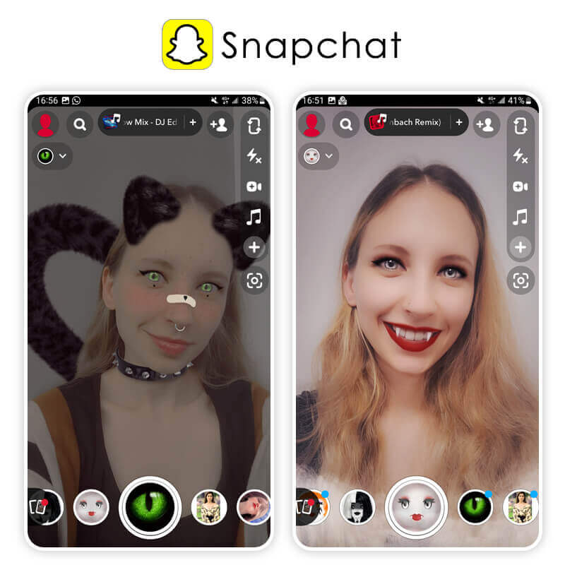 Exemplos de lentes de Halloween no Snapchat, com os estilos Gatinho e Vampira Beauty.