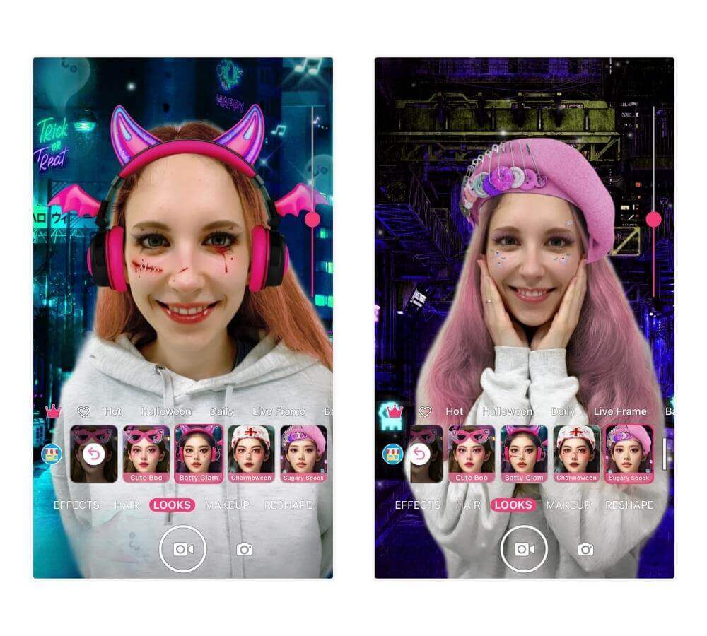 Selfies com filtros de Halloween do YouCam Makeup, incluindo os estilos Vampiro e Fantasma Fofo.