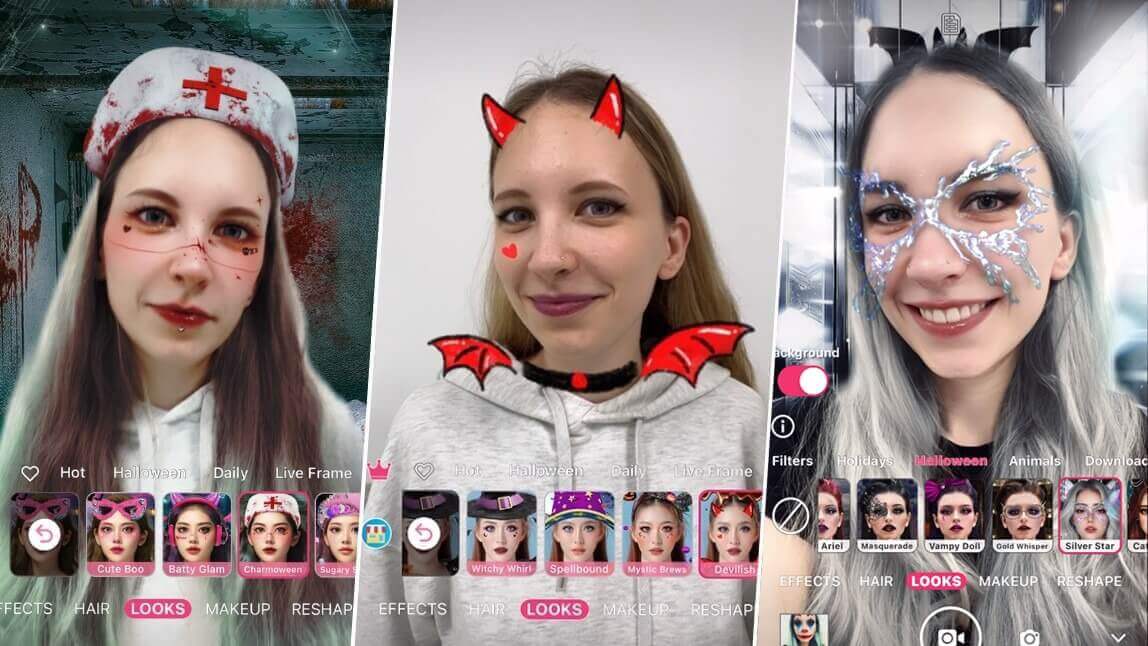 Selfie com filtros de Halloween do YouCam Makeup: looks de enfermeira, diabinha e máscara prateada.