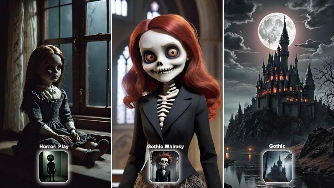 Drei mit einem KI-Generator erstellte Gruselbilder in den Stilen Horror, Gothic Whimsy und Gothic.