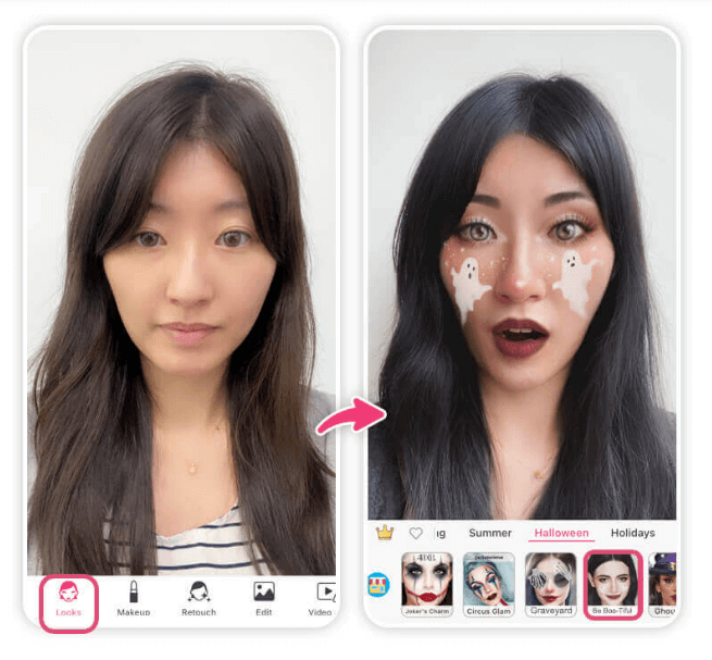 Salve sua foto com maquiagem de Halloween Como salvar uma selfie com maquiagem de Halloween no YouCam Makeup