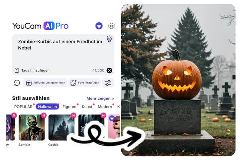 Bedienoberfläche von App mit der Eingabe: "Zombie-Kürbis auf einem Friedhof mit Nebel".