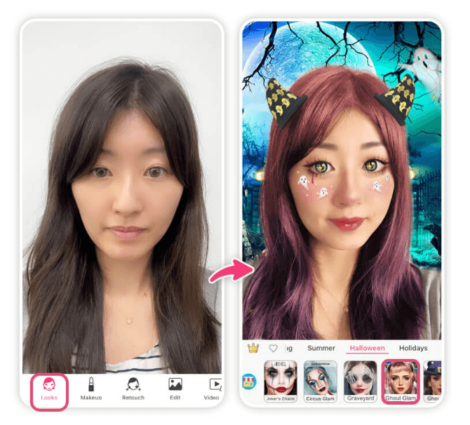 Como encontrar filtros de maquiagem de Halloween no app Como encontrar filtros de maquiagem de Halloween no YouCam Makeup