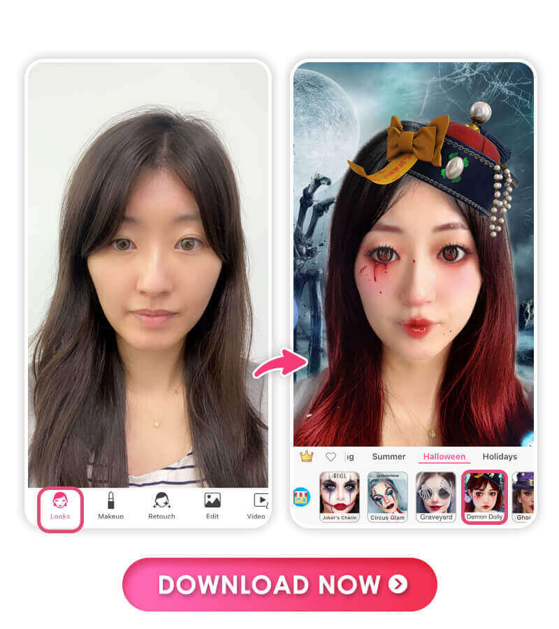 Filtro de maquiagem assustadora de Halloween: Boneca Demônio Filtro de maquiagem de Halloween com olhos escuros e bochechas rosadas