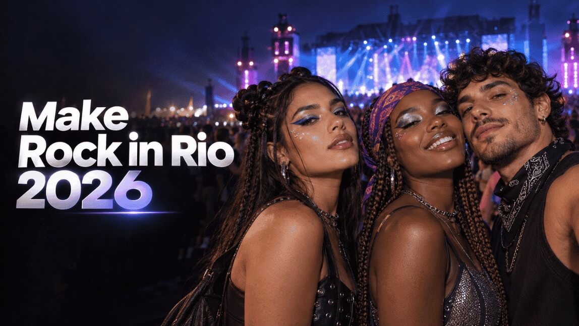 Pessoas brasileiras com maquiagens coloridas, strass e penteados criativos em um festival de música.