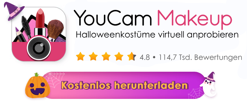 Beste KI-App für die Halloween-Anprobe Banner zum Download der YouCam Makeup App.