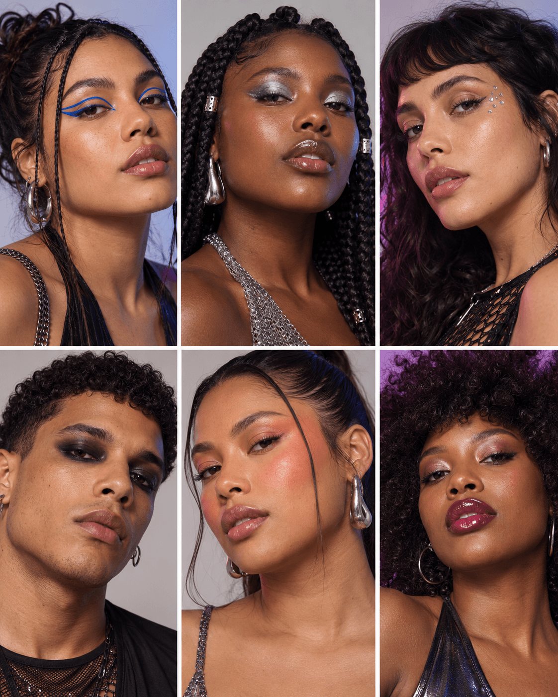 Colagem com seis ideias de maquiagem para festival, incluindo delineado colorido, prata, strass e olhos esfumados.