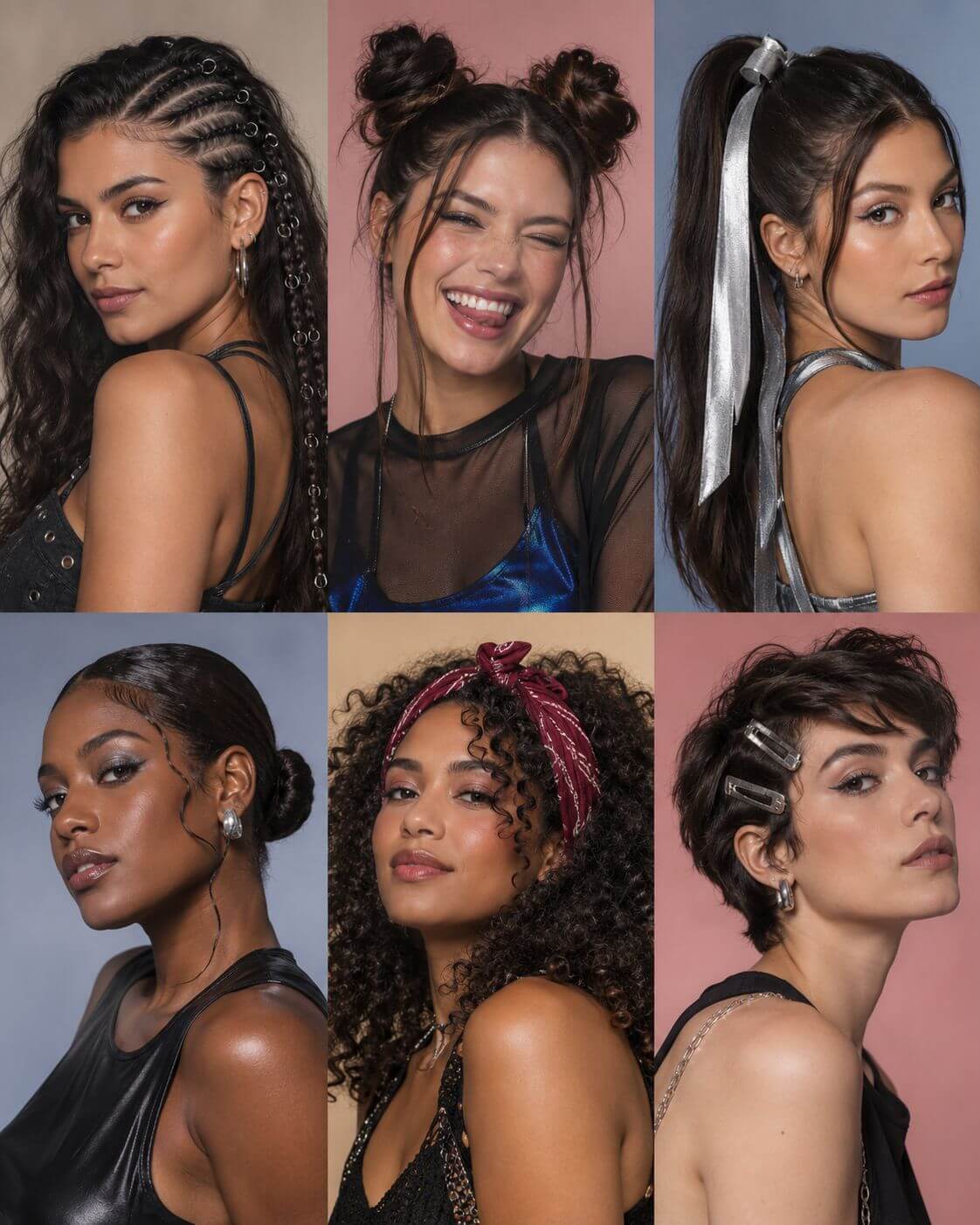 Seis penteados para festival, incluindo tranças, space buns, coque baixo, bandana e acessórios metálicos.