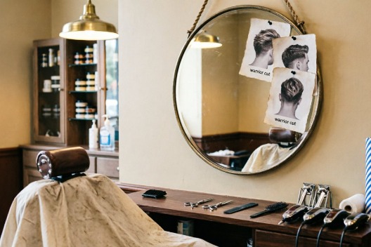 Barbershop scene with reference photos of the warrior cut pinned to a mirror