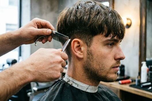 Barber trimming a client's shag haircut in a barbershop