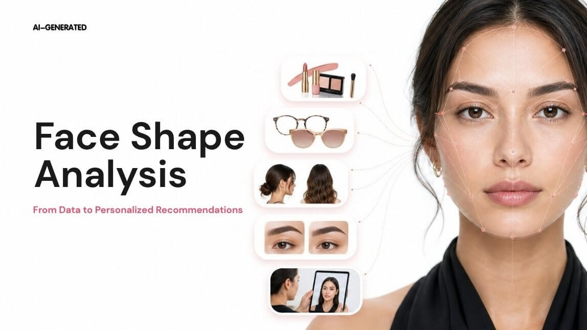 AI face shape analysis illustration showing facial landmark mapping and personalized recommendations for makeup, eyewear, hairstyles, brows, and beauty consultations.