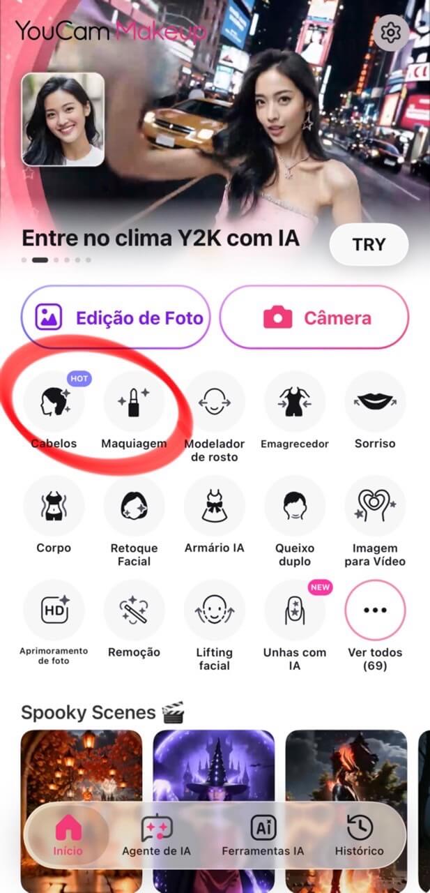 Capturas de tela do YouCam Makeup mostrando como testar maquiagem e penteados virtualmente.