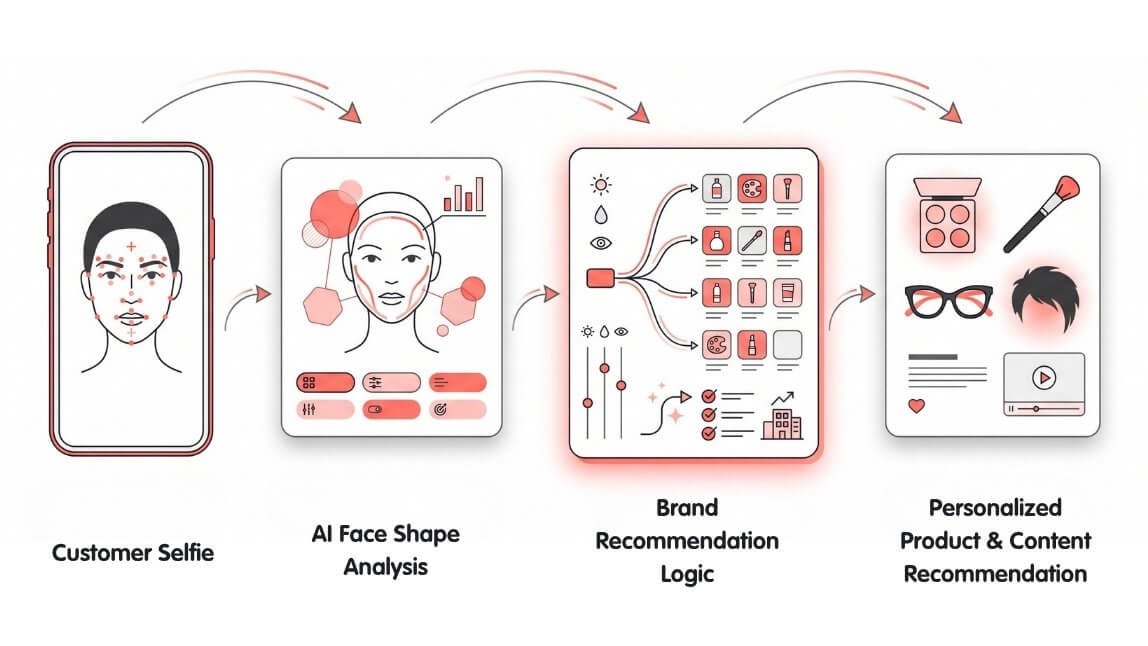 Infographic showing how a customer selfie and AI face shape analysis are connected to brand recommendation logic and personalized beauty product and content suggestions.