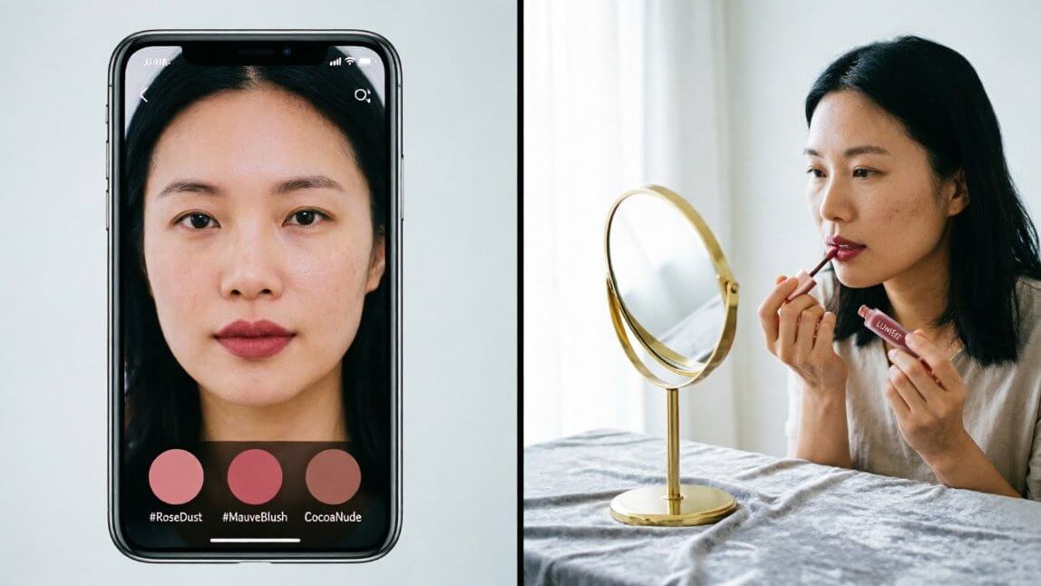 Split image showing a virtual makeup try-on app alongside a real vanity mirror application scene
