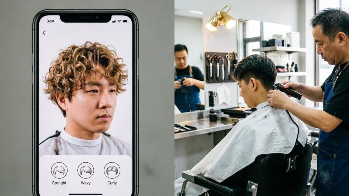 Split-screen image showing a virtual hairstyle try-on app alongside a real barbershop haircut scene