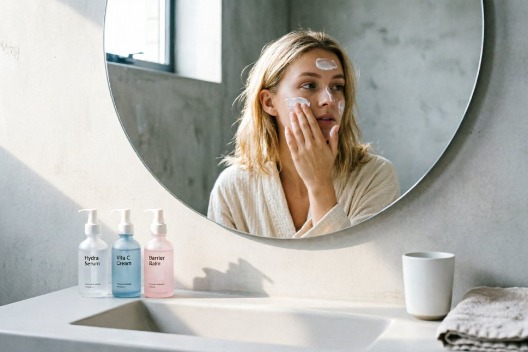 Applying moisturizer to clean skin before makeup application