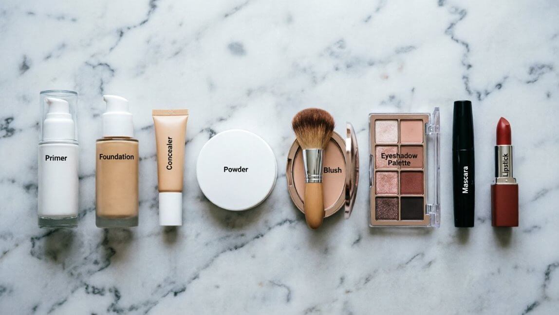Flat-lay of makeup products arranged in application order on a marble vanity surface