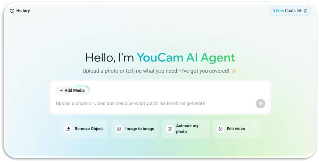 YouCam AI Agent chat workspace interface showing upload options and suggested AI editing actions.