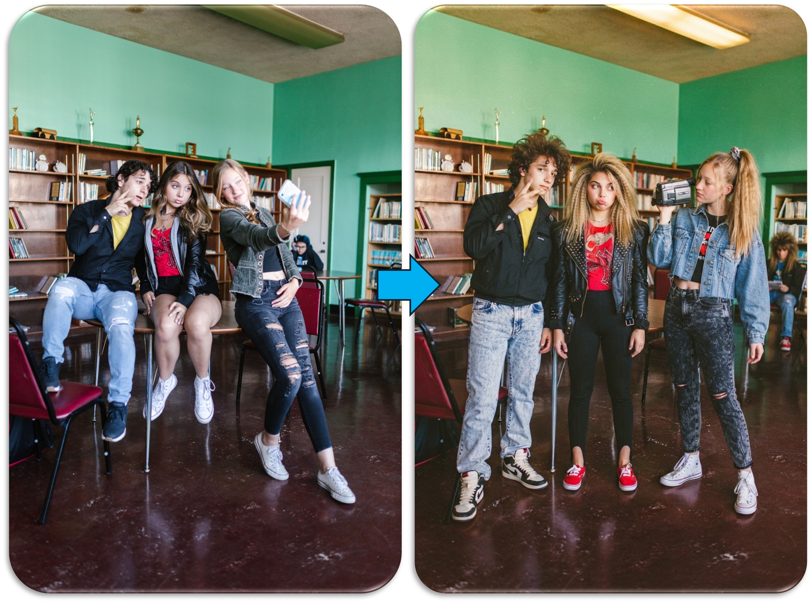 Group photo uploaded to YouCam AI Agent with the prompt asking to transform everyone into the 80s.