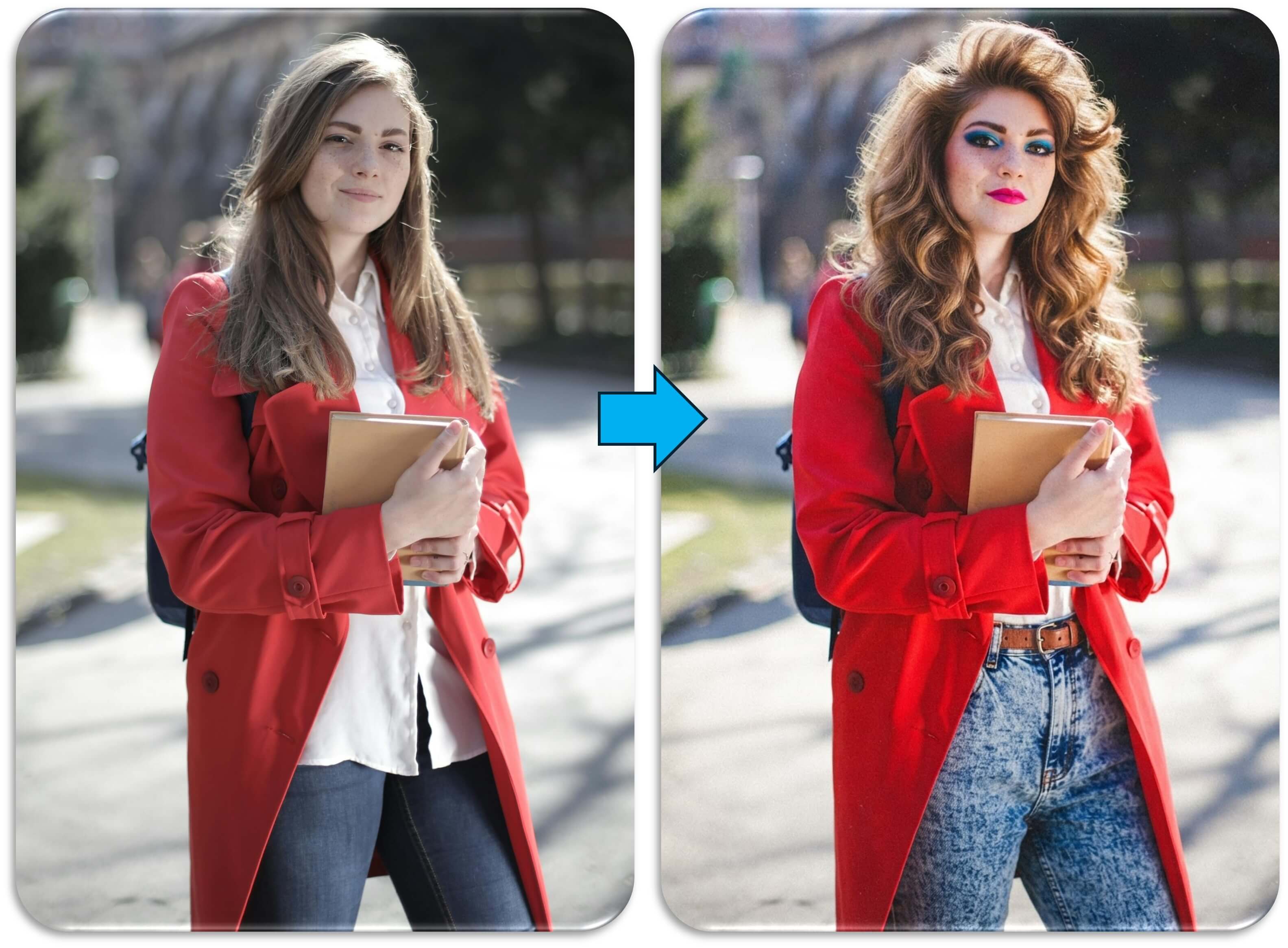 Before-and-after comparison of a portrait transformed into an authentic 80s look with voluminous feathered hair and acid-wash jeans using YouCam AI Agent.
