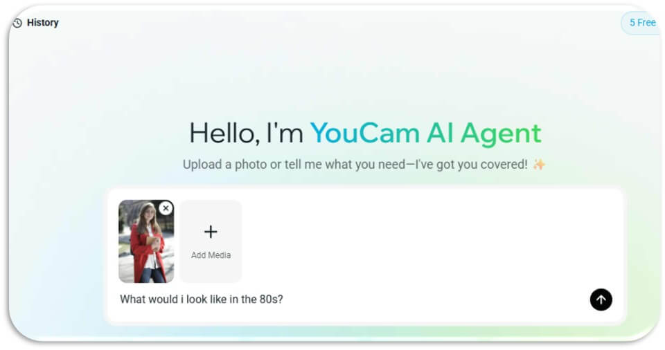 Entering the prompt "What would i look like in the 80s?" with an uploaded photo in YouCam AI Agent.