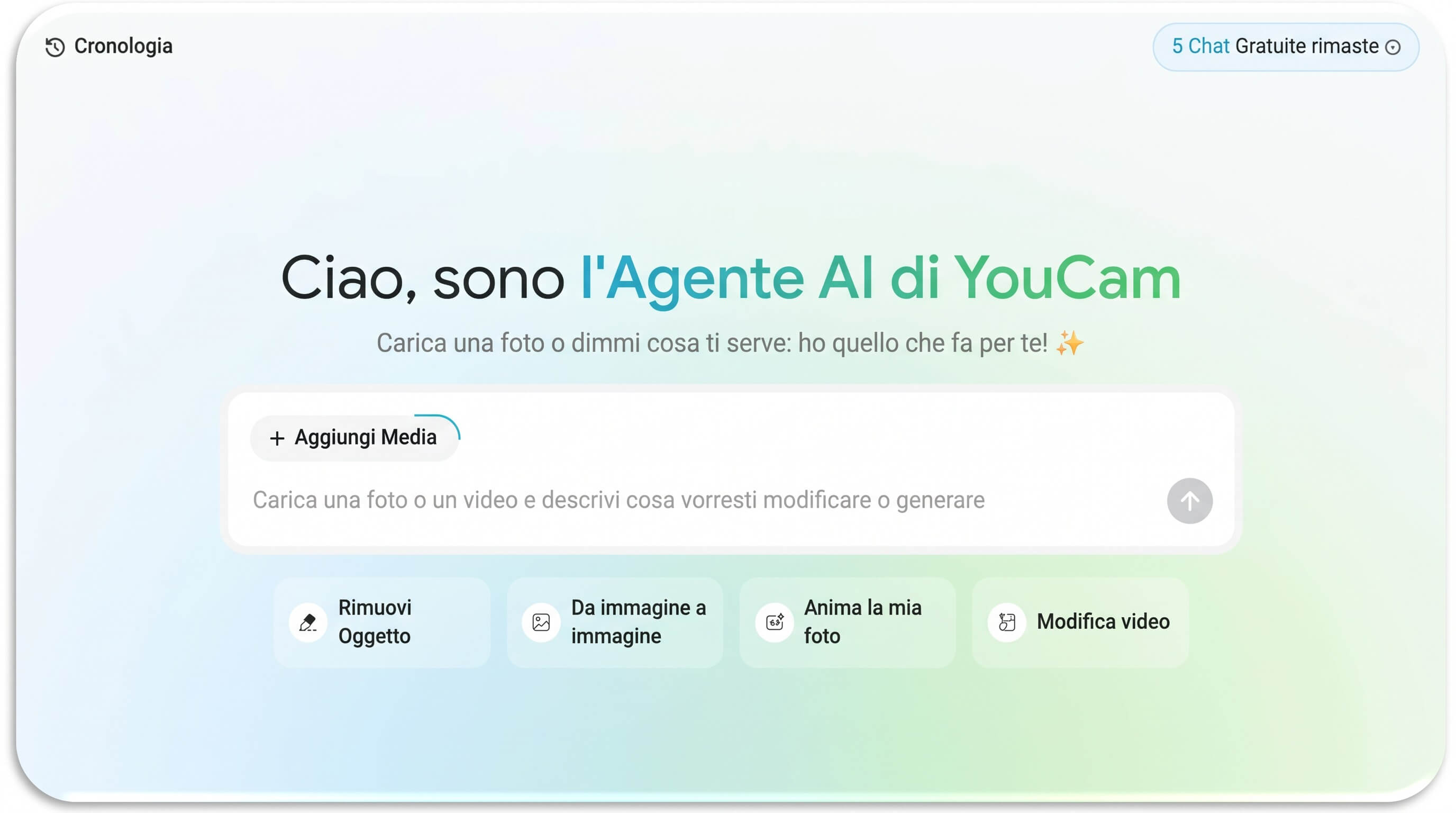 Trend Social del Momento: Come Applicare il Filtro Foto Anni 80 con Agente AI Interfaccia dell'area chat dell'Agente AI di YouCam che mostra le opzioni di upload e le azioni di editing AI suggerite.