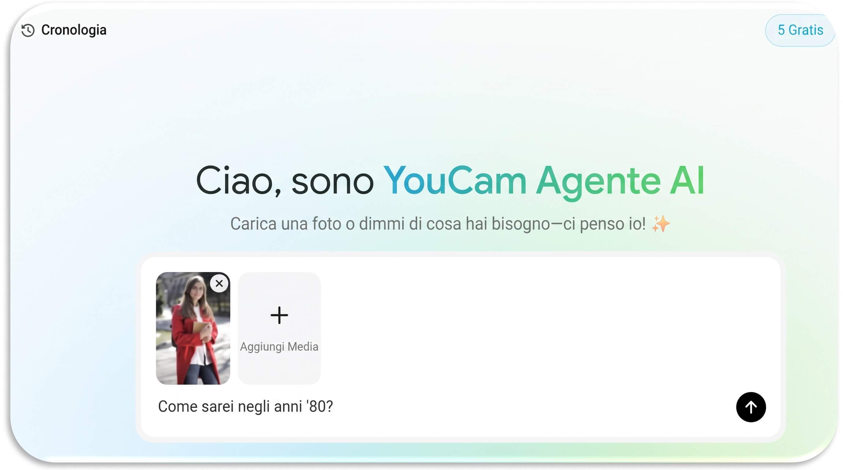 Trend Social del Momento: Come Applicare il Filtro Foto Anni 80 con Agente AI Inserimento del prompt "Come sarei negli anni '80?" con una foto caricata in YouCam Agente AI