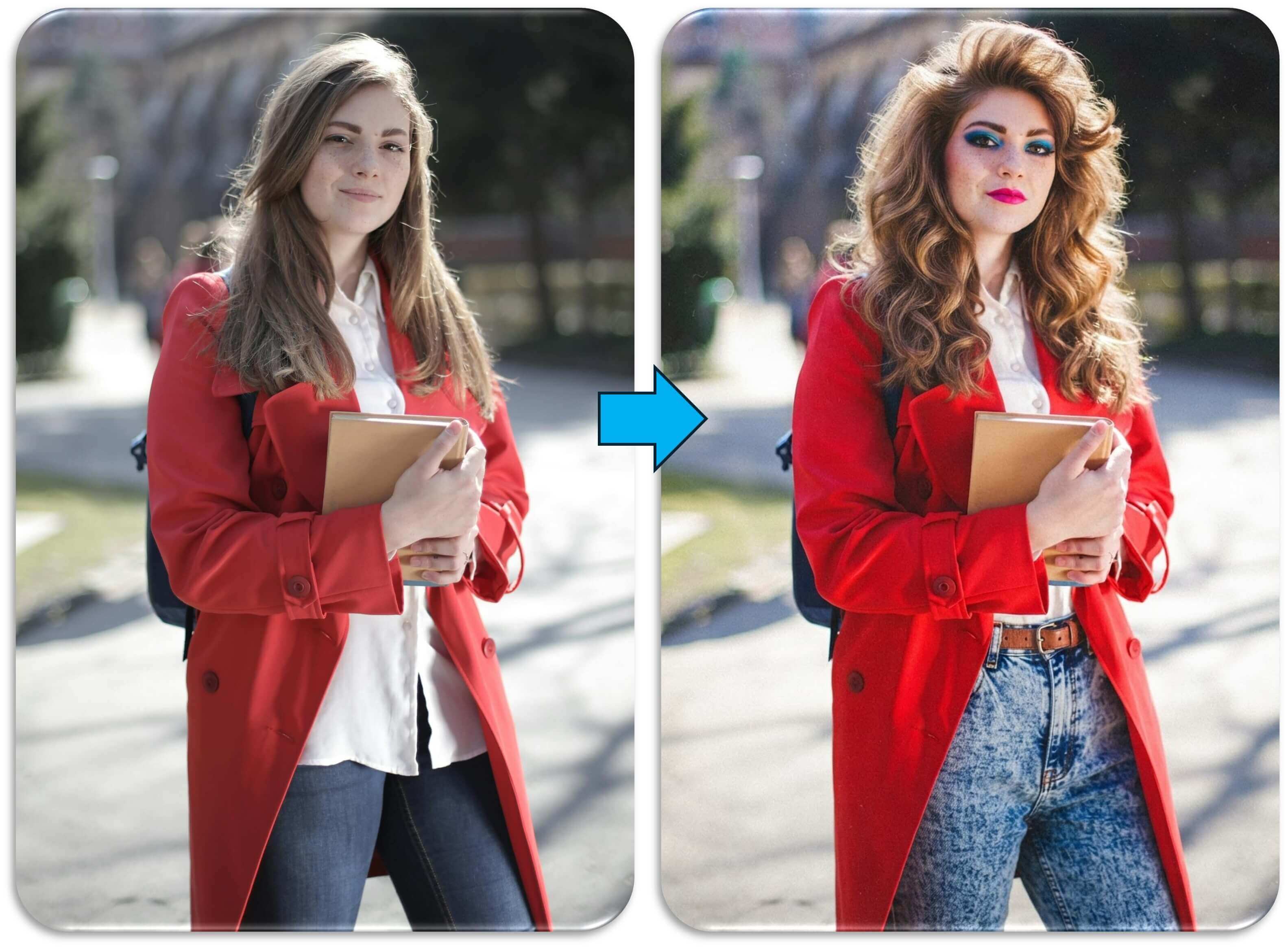 Comparação de um retrato antes e depois da transformação para um visual dos anos 80 com cabelo volumoso, maquiagem marcante e jeans de lavagem ácida.