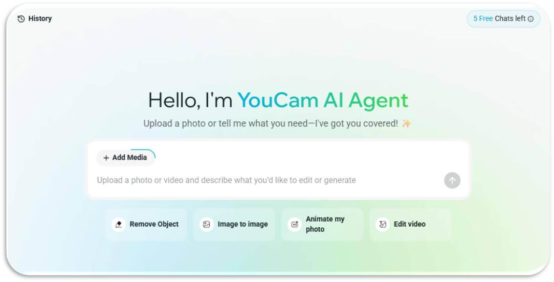 Interface do Agente de IA do YouCam mostrando opções para enviar uma foto e escolher ações de edição.