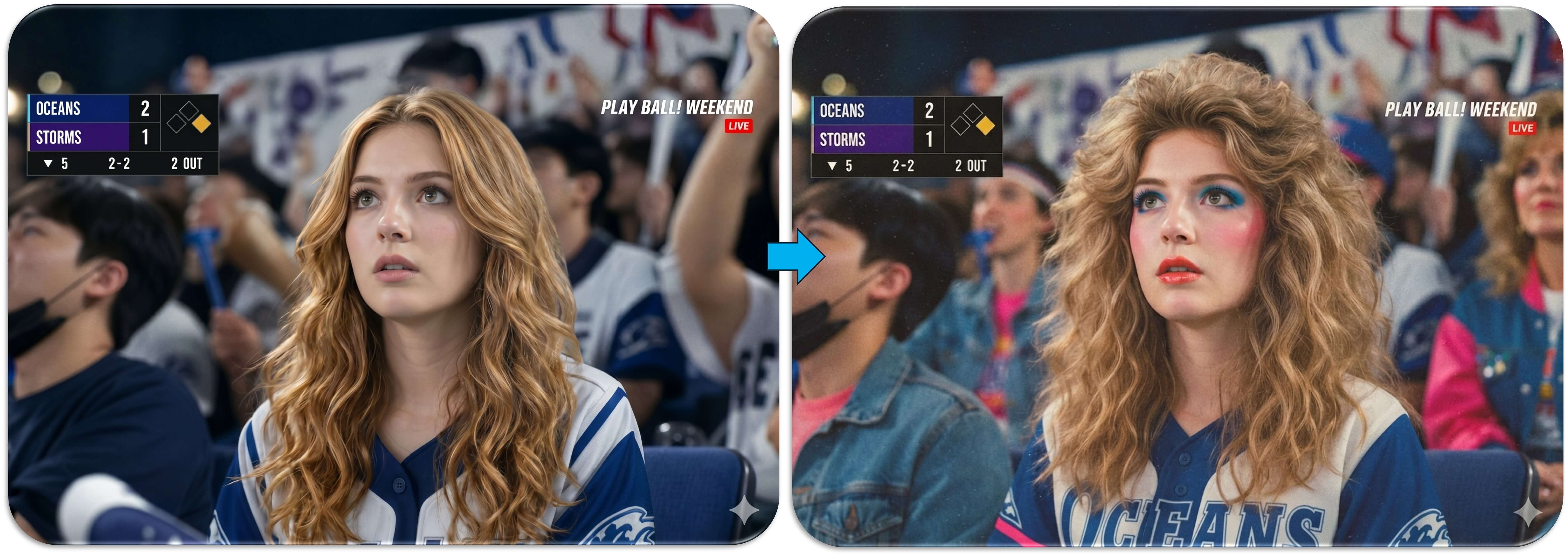 Comparação de uma foto em um jogo antes e depois da transformação para a estética dos anos 80 com cabelo volumoso, blush intenso e jaqueta jeans.