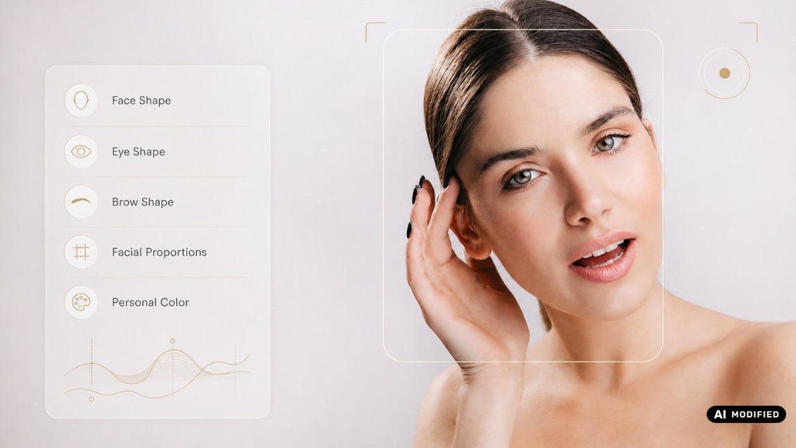 Portrait framed by a subtle facial-analysis interface with personalized beauty insight labels