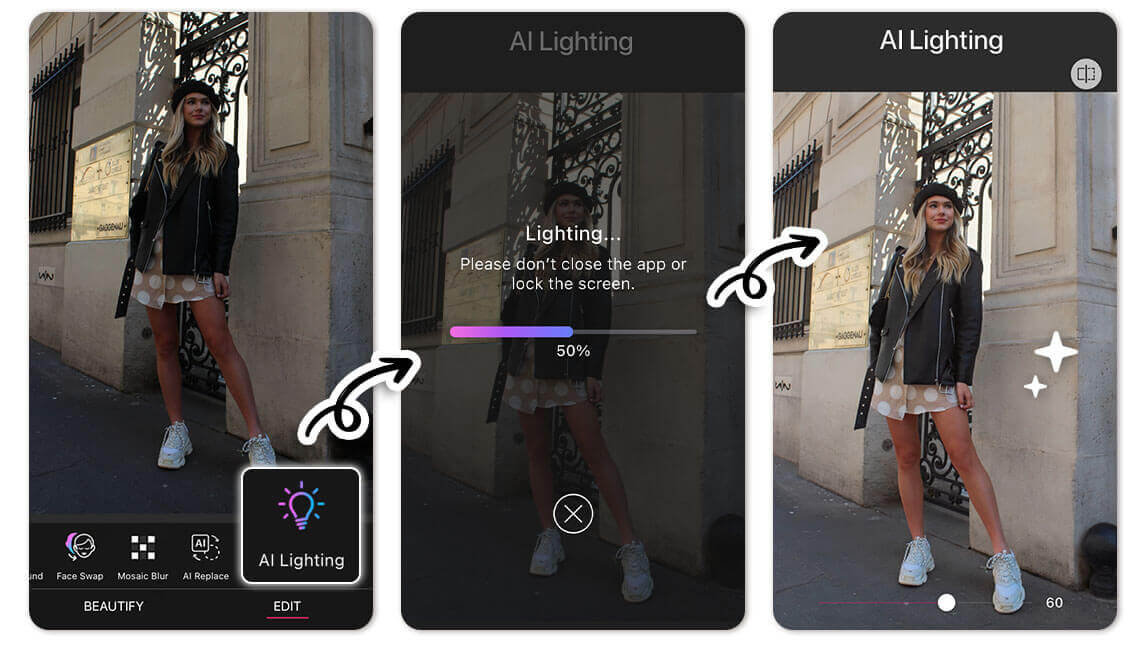 Easily adjust lighting in photos to instantly look thinner. Use YouCam Perfect's AI Lighting tool to appear thinner in photos.