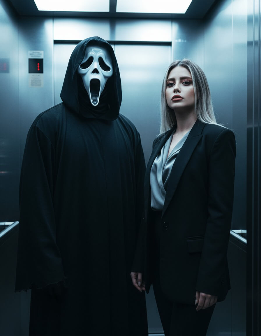 Photo ascenseur avec Ghostface : prompt Halloween gemini