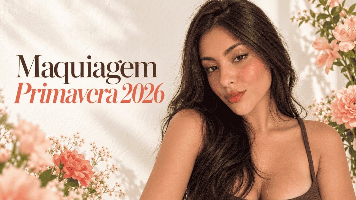 Mulher brasileira usando maquiagem primavera 2026 com pele glow, blush pêssego e juicy lips.