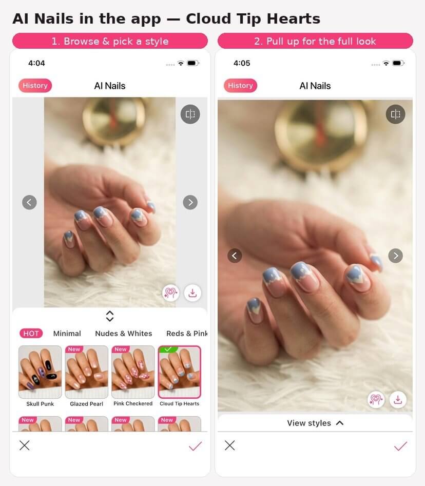 Screenshot pair from the YouCam Makeup app: the AI Nails style browsing panel next to the full-screen Cloud Tip Hearts nail art result