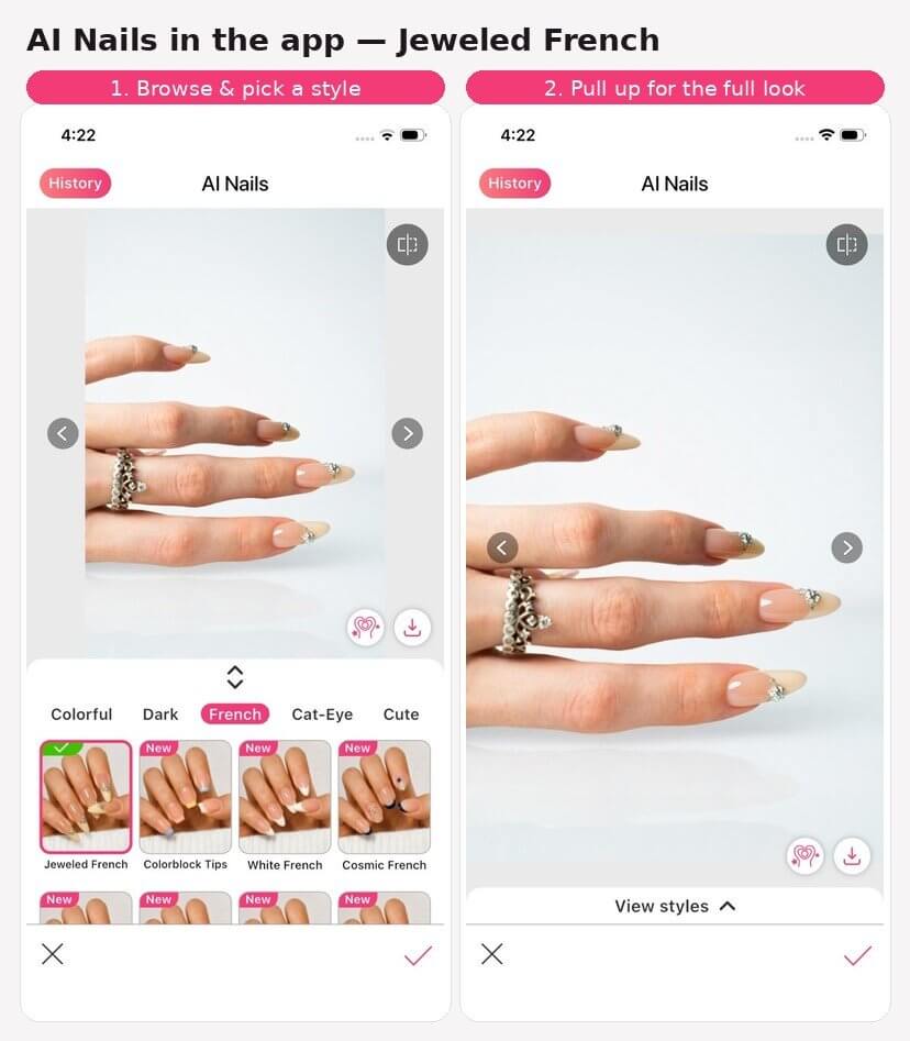 Screenshot pair from the YouCam Makeup app: the AI Nails French style category panel next to the full-screen Jeweled French nail art result