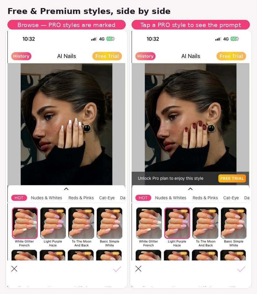 Screenshot pair from the YouCam Makeup app: browsing free vs. Premium nail styles, and the unlock prompt shown when tapping a Pro-only style
