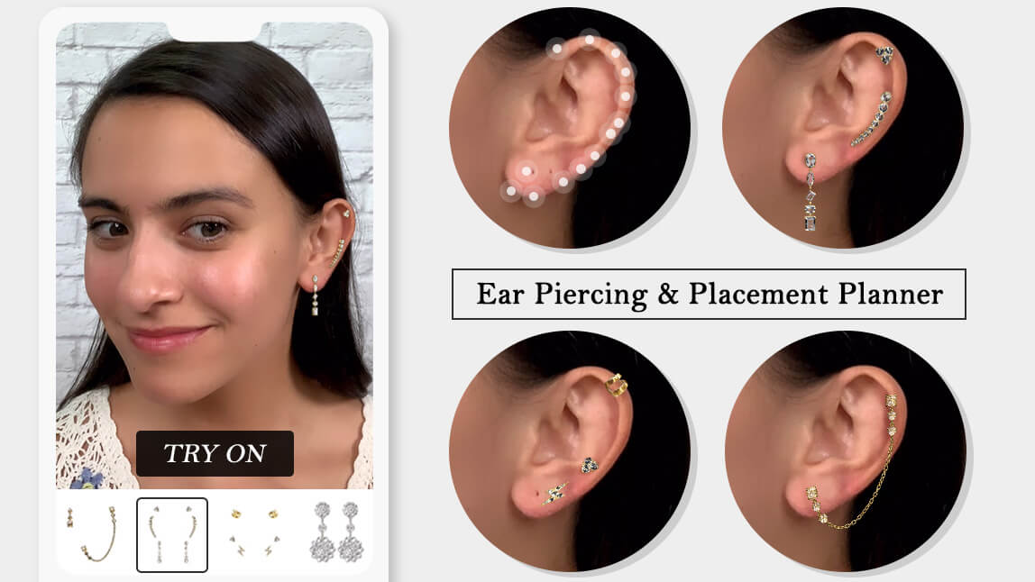 Virtual ear piercing planner showing multiple earring placements