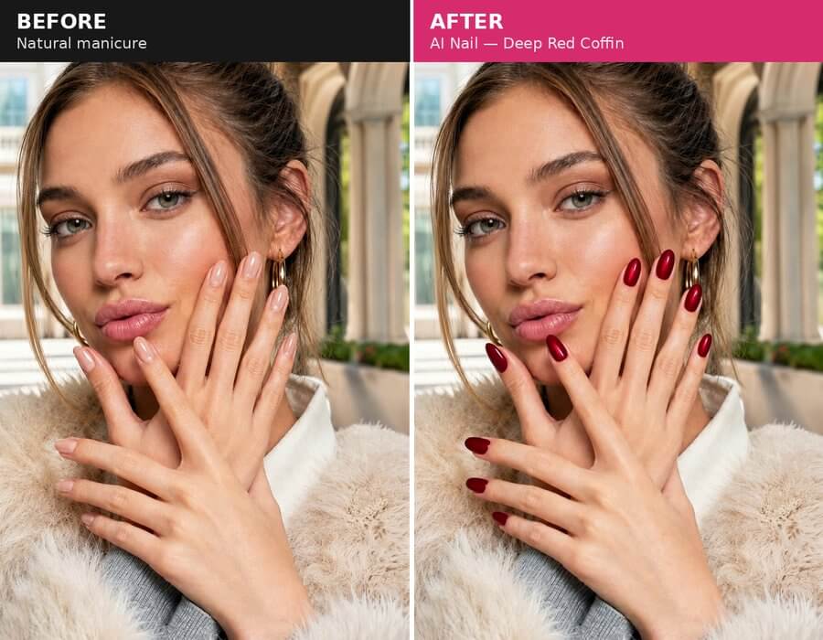 Before and after: AI Nail — Deep Red Coffin nail design applied with AI Nail Virtual Try-On