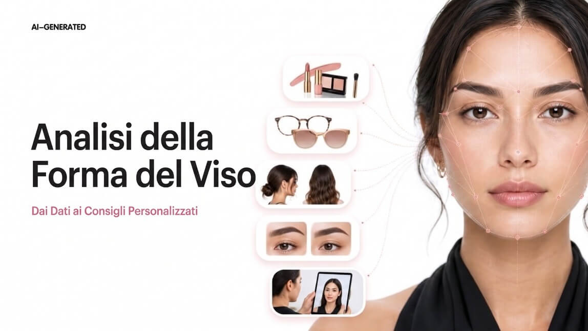 Illustrazione di analisi AI della forma del viso con mappatura dei punti di riferimento facciali e raccomandazioni personalizzate per trucco, occhiali, hairstyle, sopracciglia e consulenze beauty.