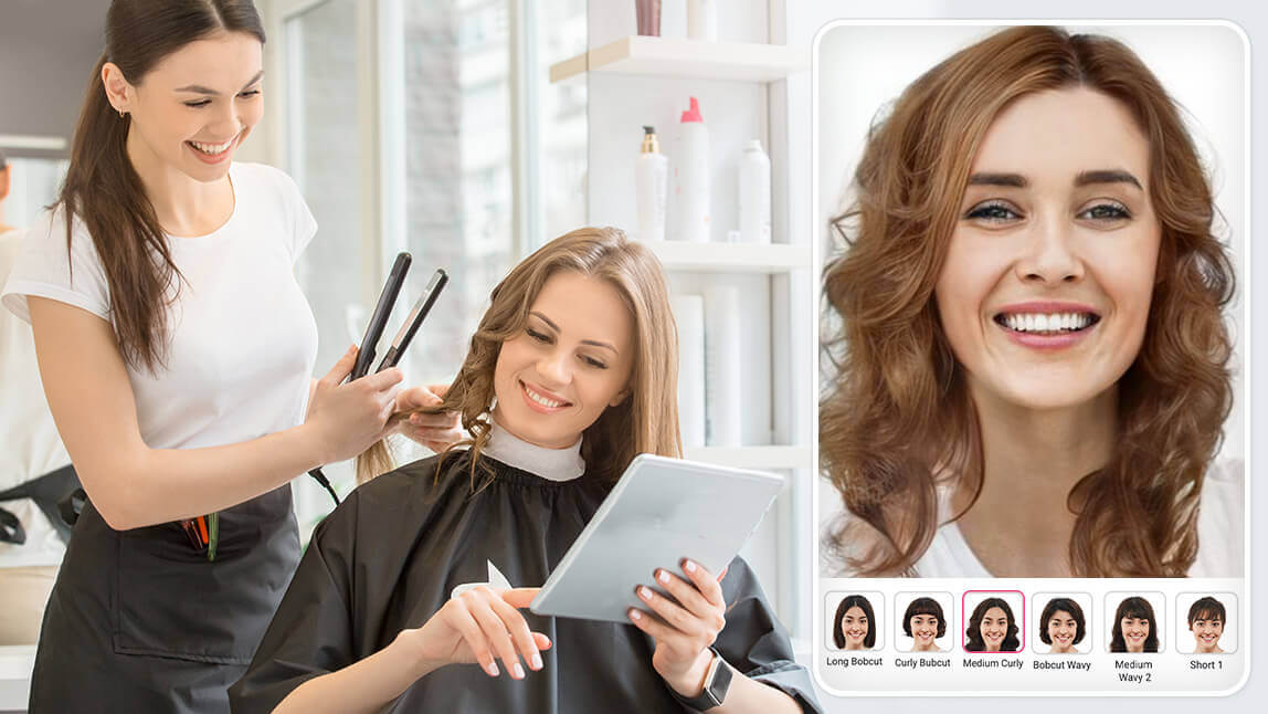 Haircut simulation showing a new cut applied to a real photo
