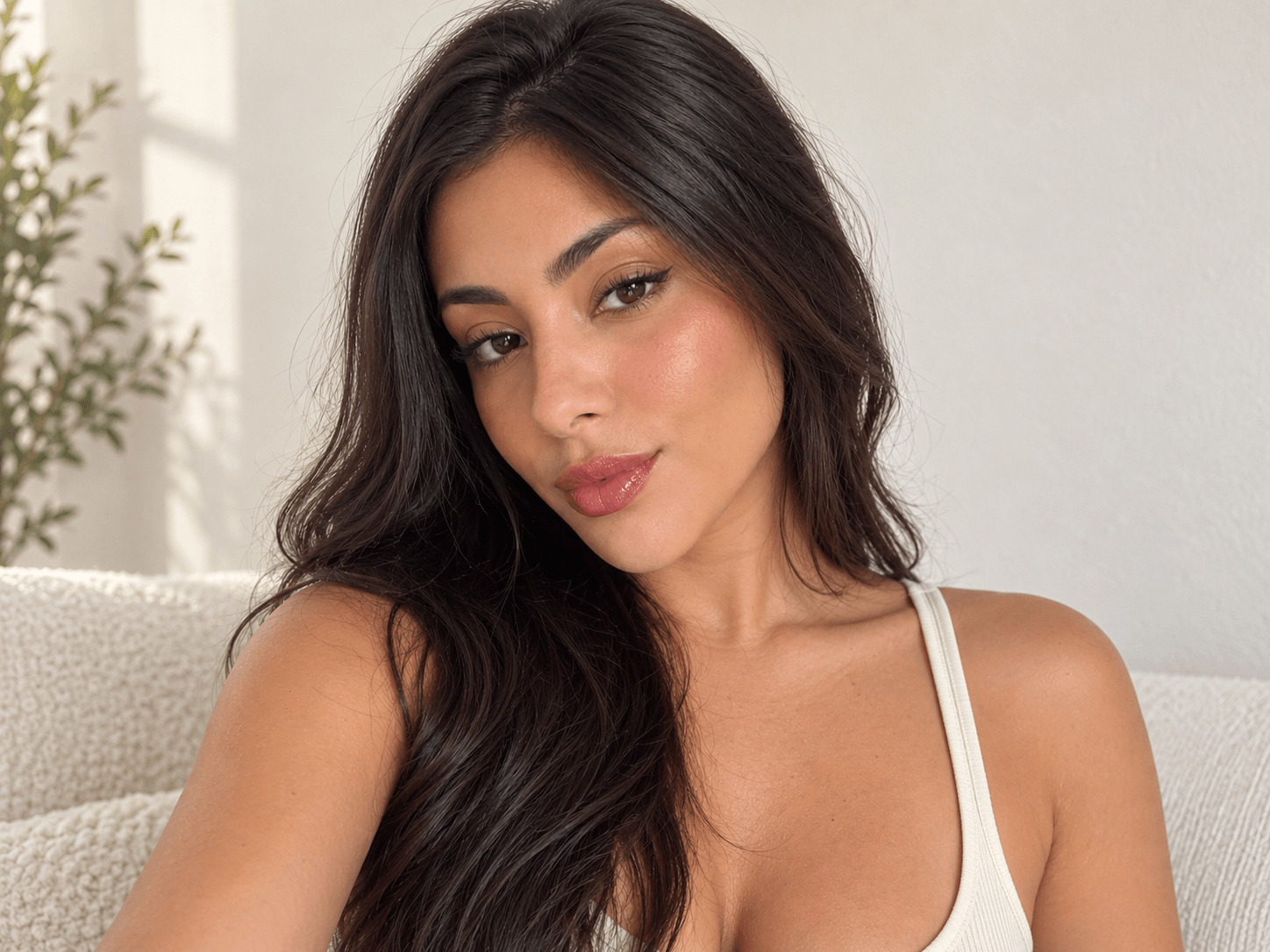 Mulher usando maquiagem leve para o dia com pele natural, blush pêssego e lábios com lip oil.