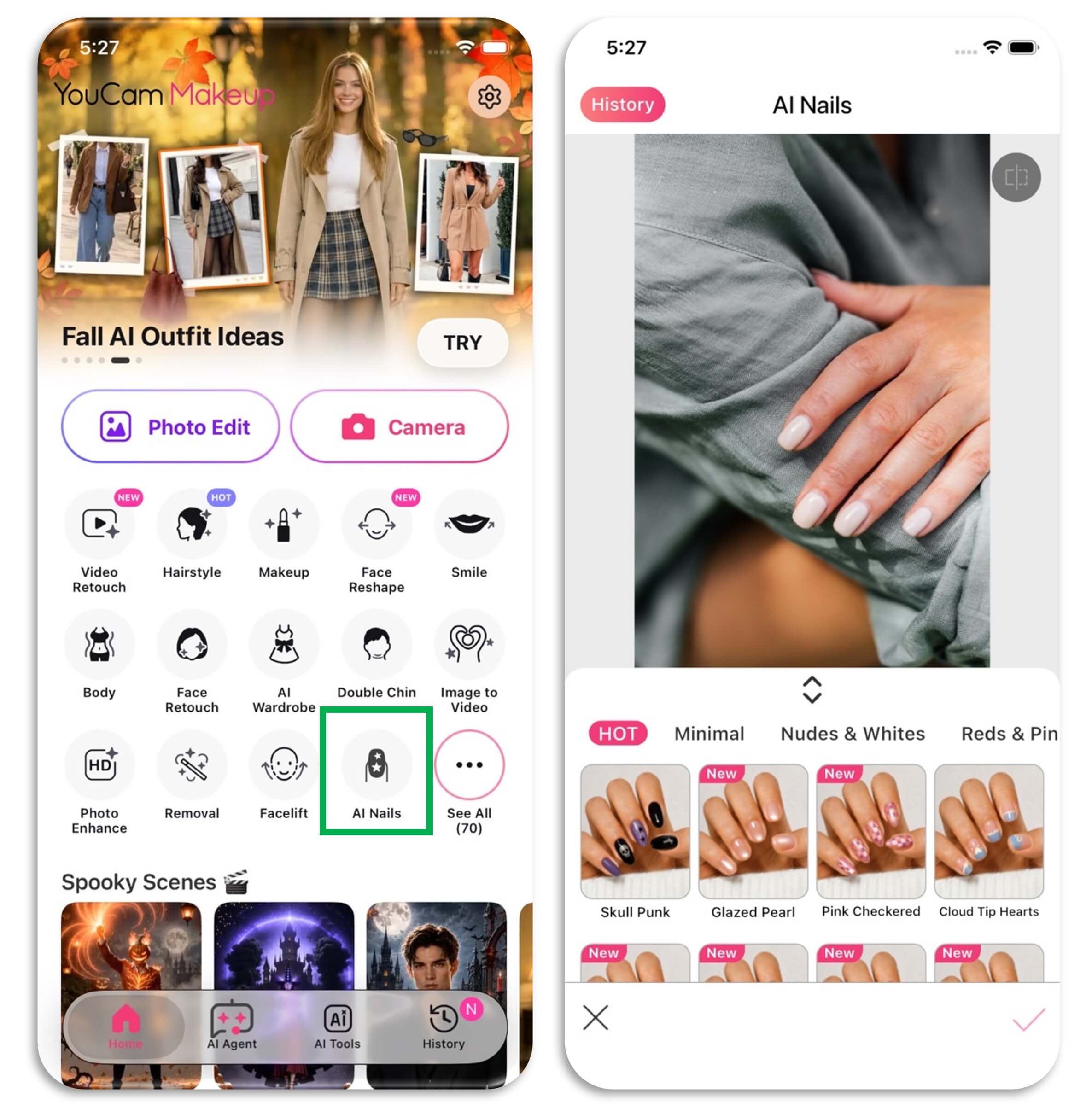 YouCam Makeup home screen with AI Nails highlighted, next to the AI Nails style picker showing nail art categories and designs